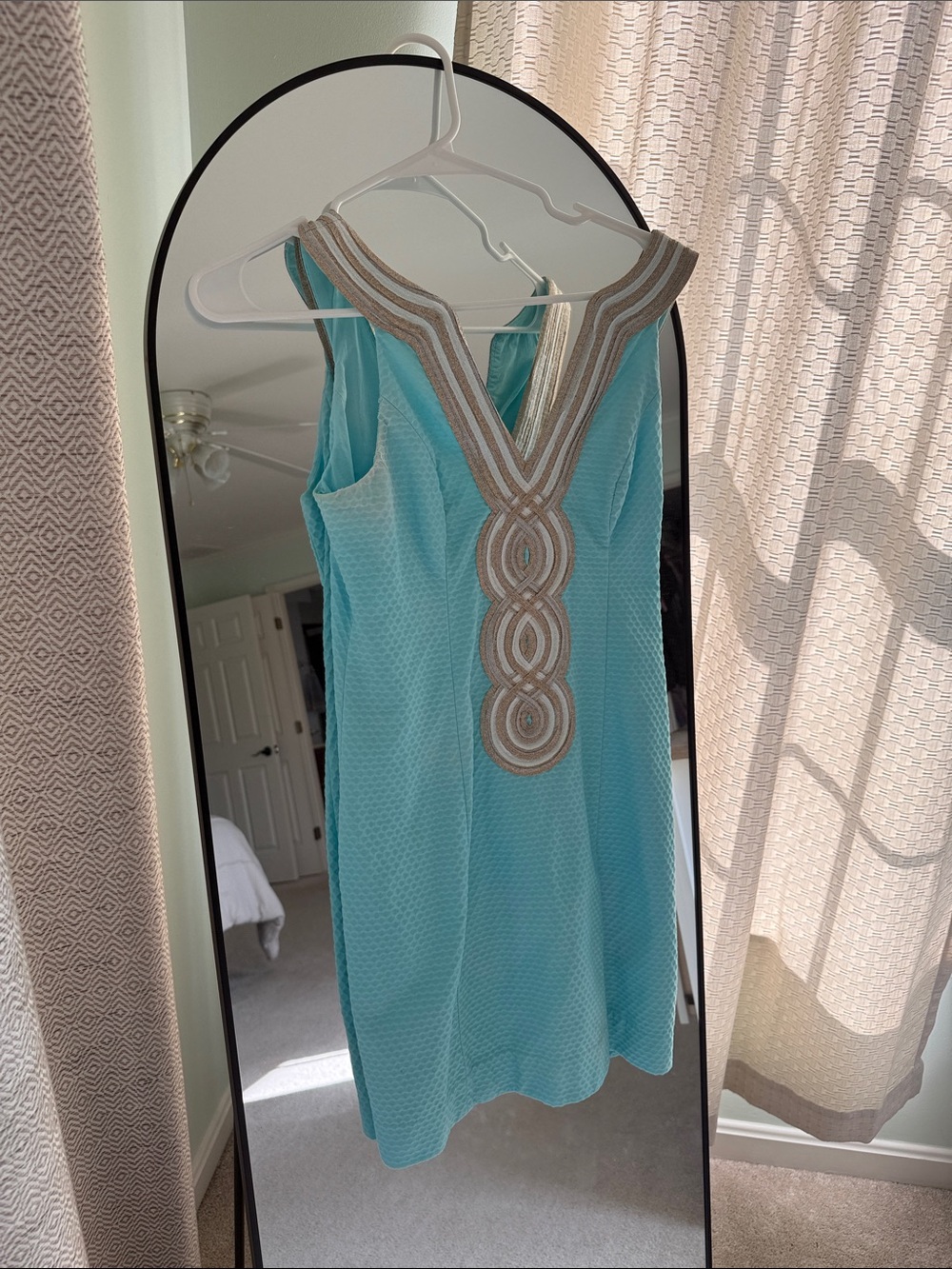 Turquoise Sleeveless Shift Dress with Embellished V-Neck